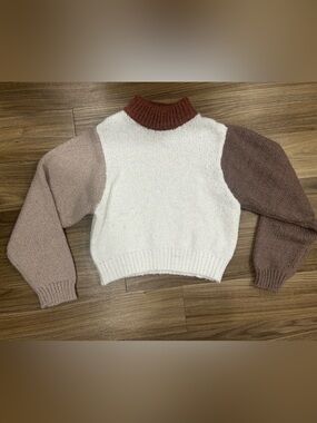 All:Row Colorblock Cropped Cowl Sweater - White, Taupe & Brown